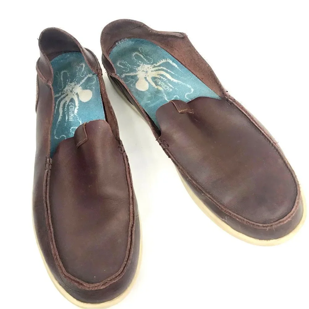 OluKai NALUKAI Brown Leather Slip On Casual Loafers